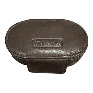 Fossil Brown Genuine Leather Lipstick Case Carrier Mirrored Pouch Snap Stash Box
